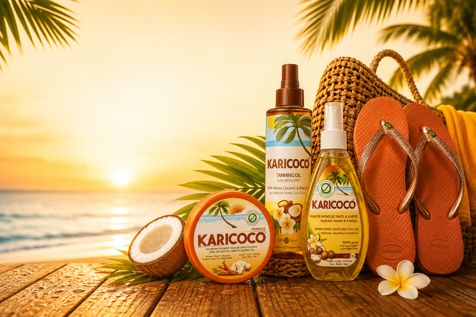 Tropical Tan summer beauty products on a sunny beach
